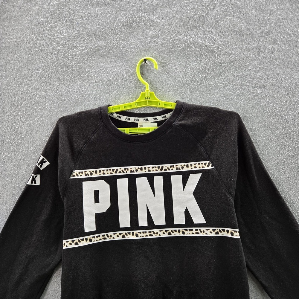 PINK Victoria's Secret Women Sweatshirt M‎ Black Graphic Fleece Logo Long